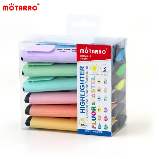 MOTARRO 12 pezzi pennarelli in scatola di PVC colori fluorescenti piccolo evidenziatore punta a scalpello design carino Kawaii per scrivere disegni graffiti 1