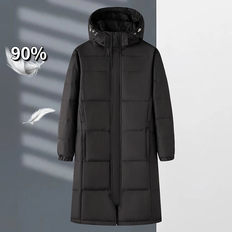 Winter Long Down Jacket Men's Simple Fashion Thickened Warm 90% White Duck Down Parka Women Quality Cold-proof Hooded Coat