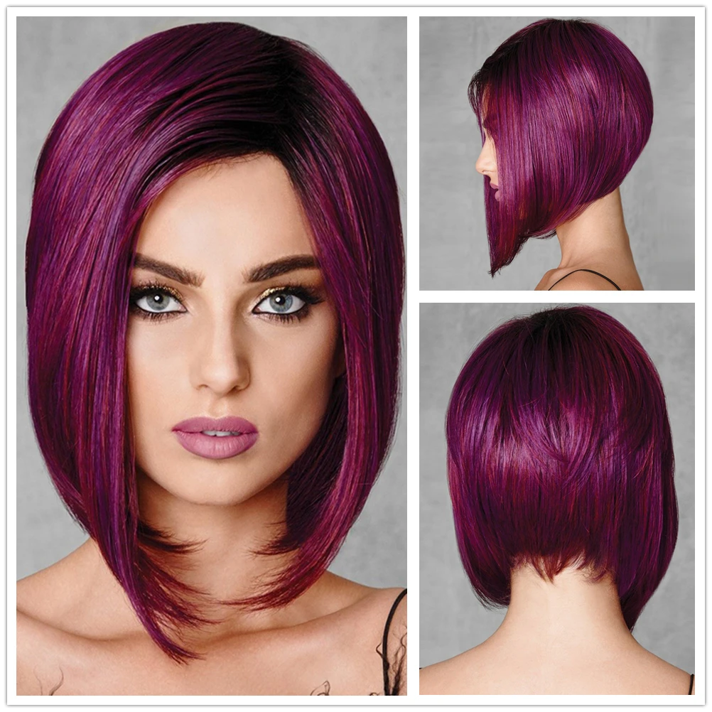 GNIMEGIL Burgundy Wig for Woman Short Haircuts Straight Hairstyle Bob Women Synthetic Wigs Ombre Color Natural Looking and Soft