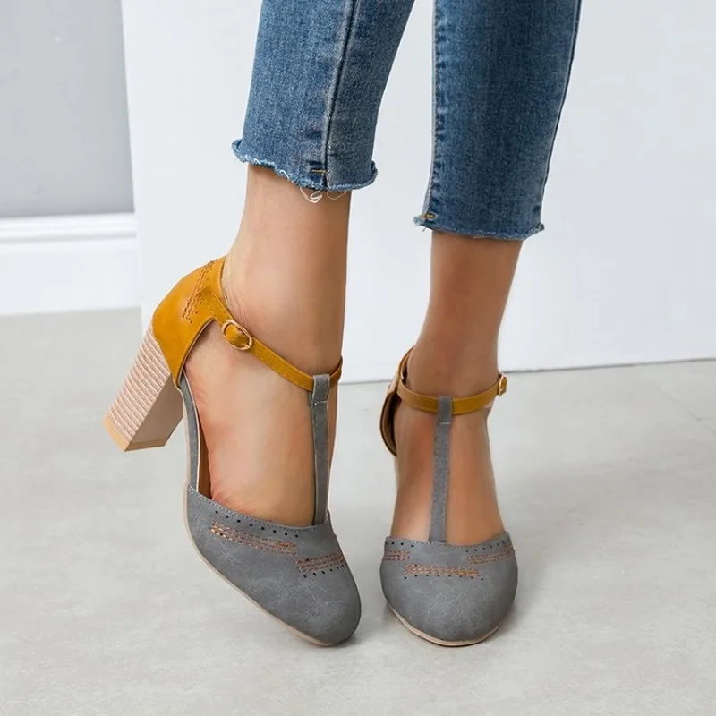 Zapatos de tacón alto para mujer, plataforma cuadrada, punta redonda, tacón cuadrado atado en T, zapatos de vestir de boda - Image 5