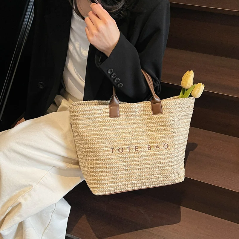 Women Straw Bag Summer Vacation Beach Tote Bag Fashion Woven Handbag Female Simple Travel Large Capacity Shoulder Bag