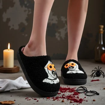 A Pair of Black Halloween Horror Atlantis Clown Pattern Embroidered Plush Home Thick-Soled Comfortable Autumn and Winter Fur Slippers, Dark Punk Stylish Warm Non-Slip Indoor Slippers for Men and Women, a Great Choice for Gifts 1
