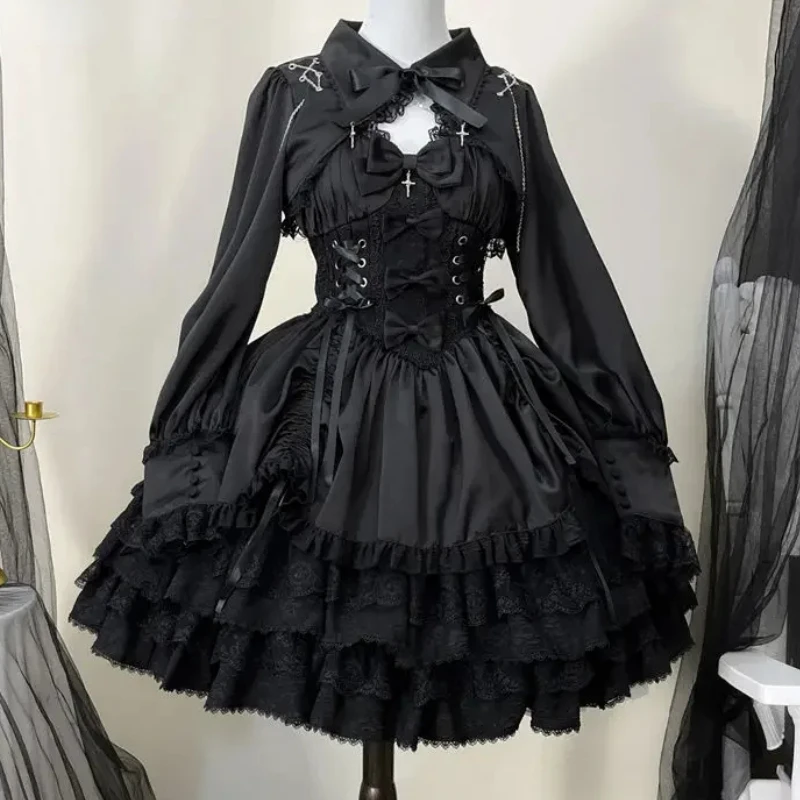 Vestido lolita gótico vitoriano japonês para mulheres, estilo punk, renda doce, comer arco, vestidos de festa, harajuku, cosplay y2k, princesa