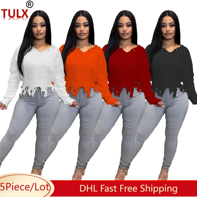 5pcs Wholesale Knitted Sweaters Women Fall Winter Clothes Long