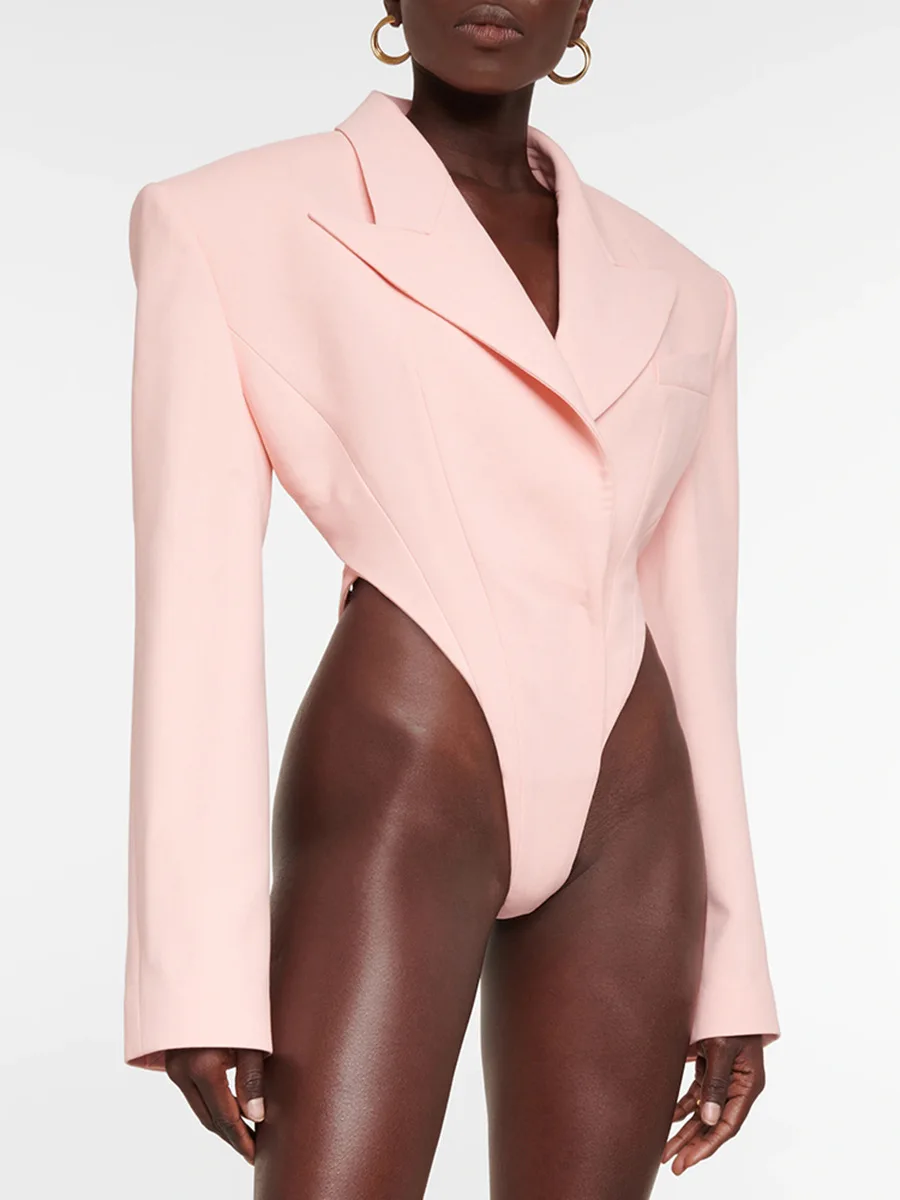 

Pink Jumpsuit Women Suit Blazer 1 Pcs Jacket Casual Cotton Sexy Hollow One Button High Quality Coat(Don't Have Pant)