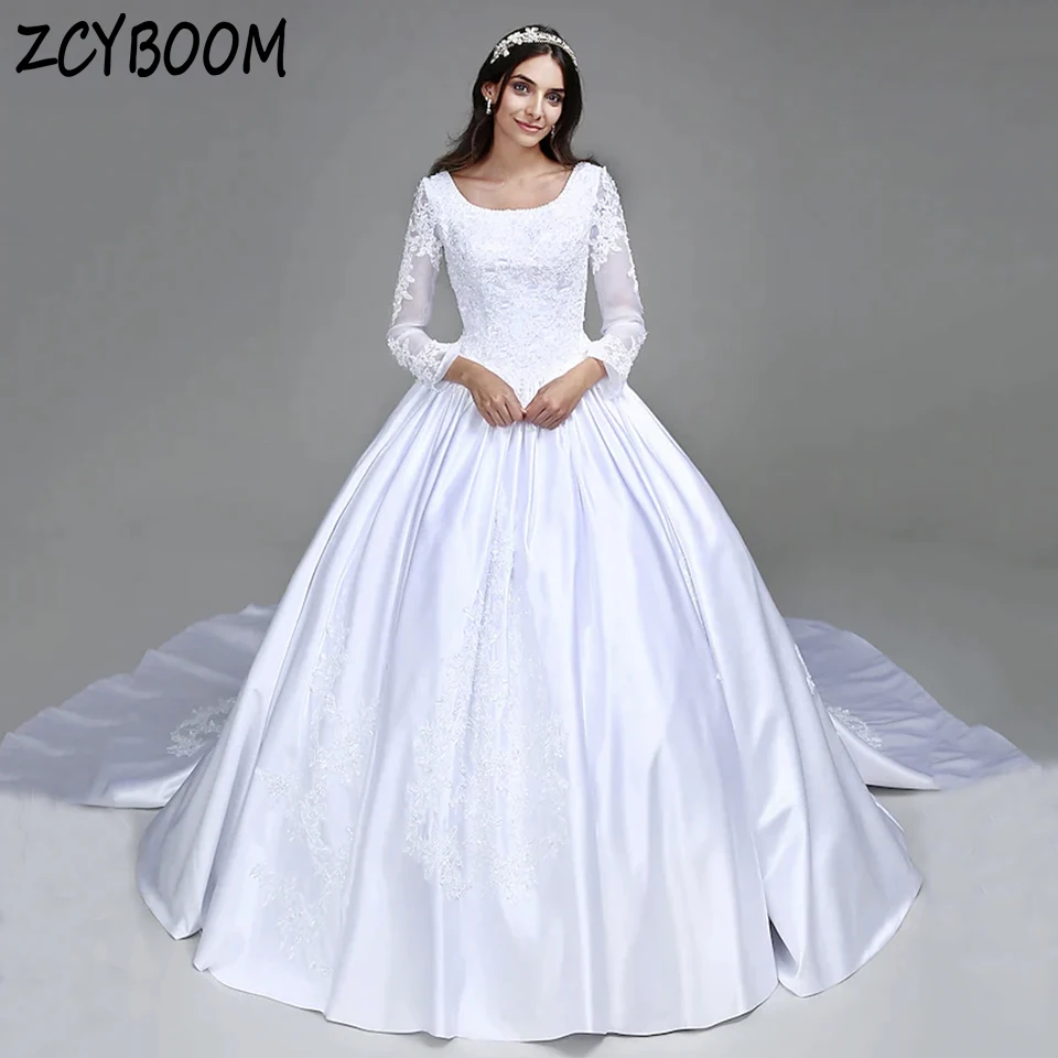 

Elegant O-Neck Long Sleeves Sequin Appliques White Wedding Dress 2024 Ball Gown Floor Length Sweep Train Zipper Bridal Gown