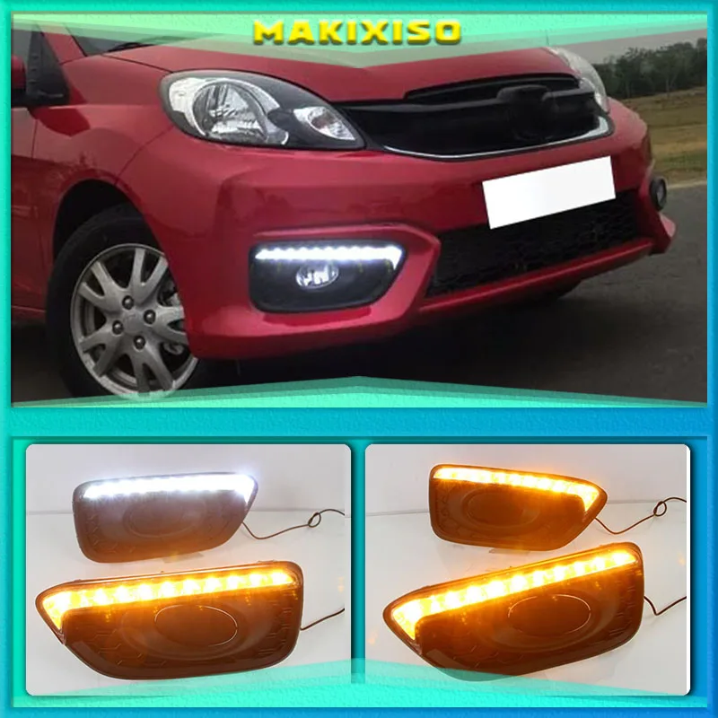 

1Pair DRL Car 12V LED Daytime Running Light Fog Lamp cover daylight For Honda Brio 2016 2017 ABS with Yellow turn signal