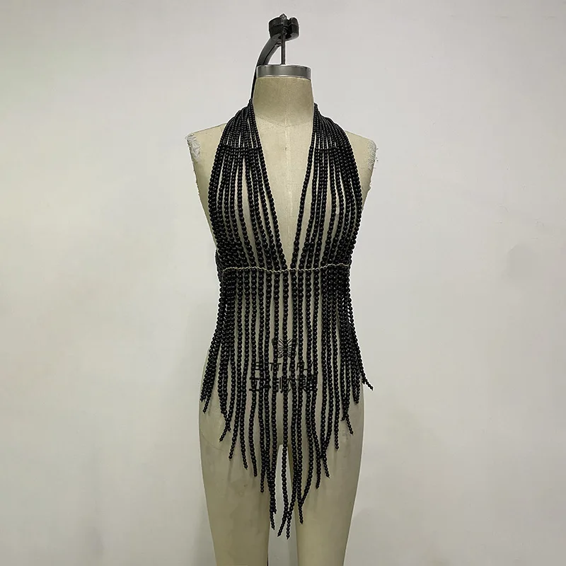 

Women Handmade Pearl Halter Hollowed-out Backless Fringe Fashion Mini Dress