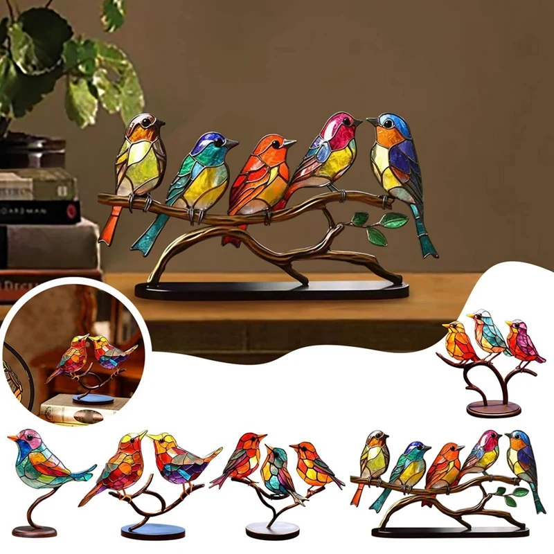 Stained Glass Birds On Branch Desktop Ornaments,Double Sided Multicolor Style Birds Colors Ornaments 5