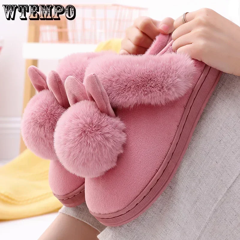 WTEMPO Female Furry Plush Slippers Home Indoor Ladies Soft Shoes Fluffy House Shoes Women Winter Warm Slippers Cute Rabbit Ears