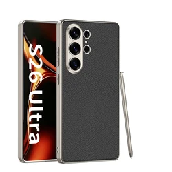 Luxury Plain Leather Case with Metallic Paint and Soft Edge Shockproof Hard Cover - Galaxy S26 Ultra (Black)