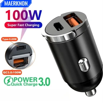 Caricabatteria da auto a ricarica rapida a doppia porta di tipo C da 100 W USB QC3.0 Caricatore per telefono per auto Spina per accendisigari per iPhone Xiaomi Huawei