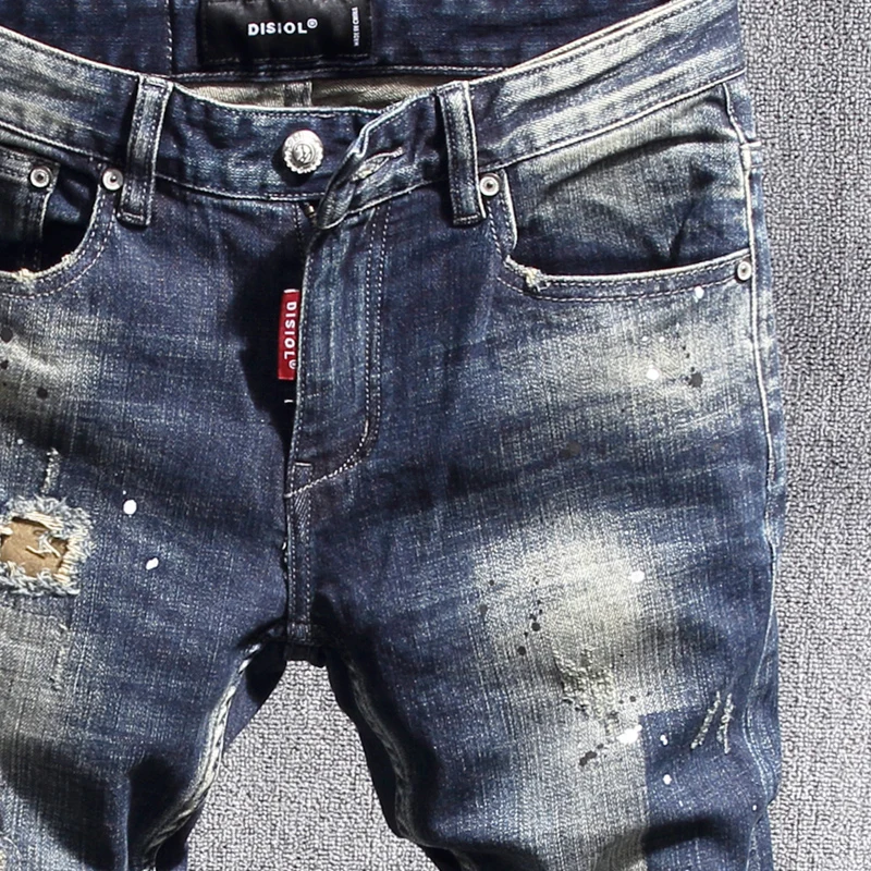 Street Fashion Men Jeans Retro Black Blue Stretch Slim Ripped Jeans Men Hole Trousers Vintage Designer Casual Denim Pants Hombre