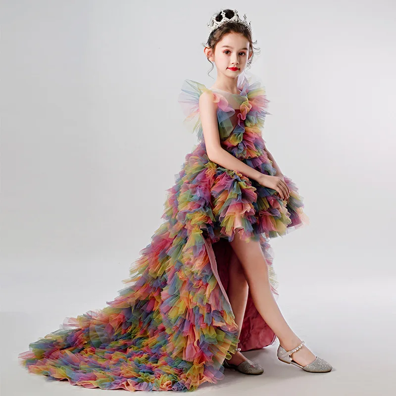 

Kids Rainbow Birthday Party Dress Puffy High Low Cocktail Pageant Dresses Model Teen 4-14 Years Formal Elegant Evening Gown