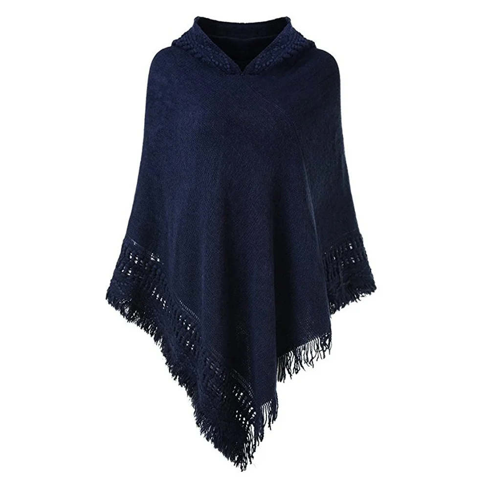 Ladies' Hooded Cape sleeveless Knit Shawl Cardigan with Fringed Hem Crochet Poncho Knitting Patterns for Women