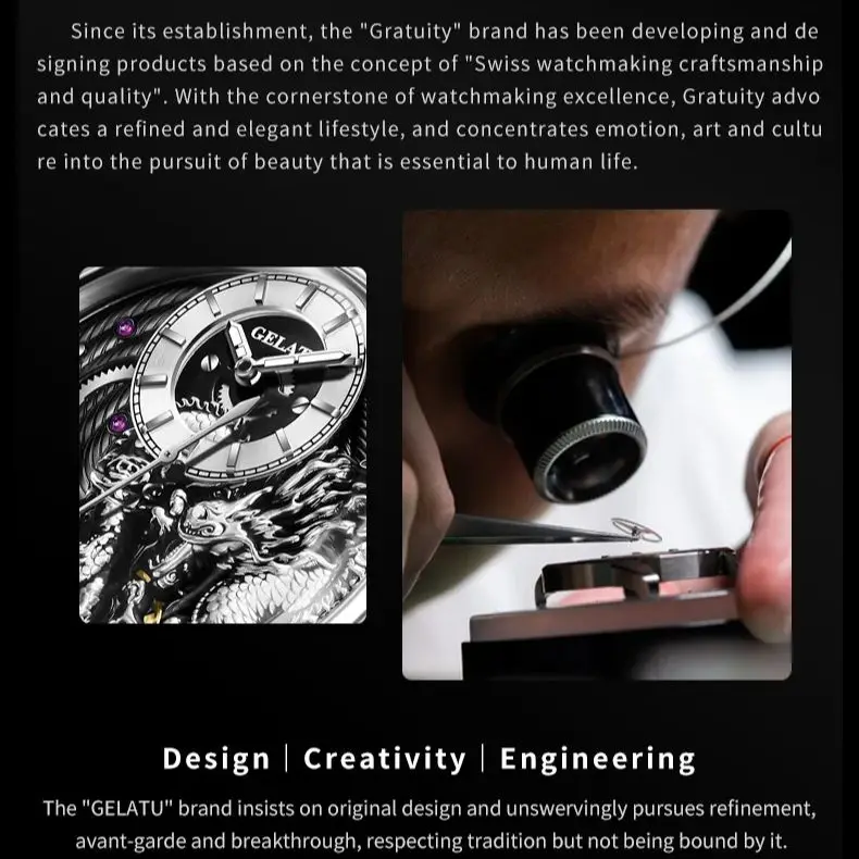 GELATU Automatic Dragon Watch for Men TOP Brand Hollow out Stainless steel Luminous Waterproof Sapphire Mirror Men's Wristwatch