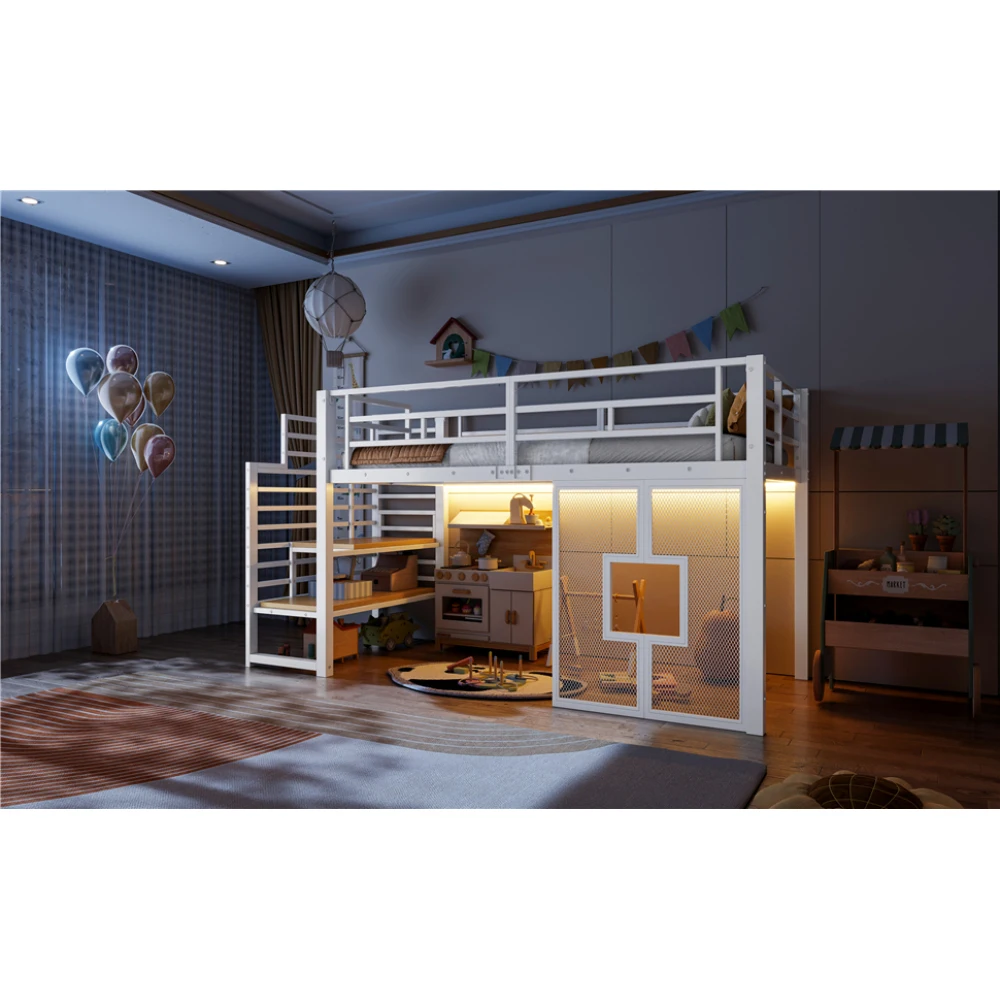 90x200cm Metall-Hochbettgestell mit Treppe, Stauraum, Babybett mit LED-Beleuchtung und Fenstern, Kinder-Etagenbett, Schwarz/Weiß – Detail 32