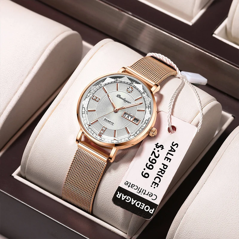 POEDAGAR New Arrival Women Brand Watch Fashion Diamond Dial Luxury Luminous Stainless Steel Ladies Quartz Watches Rose Gold 2023 2