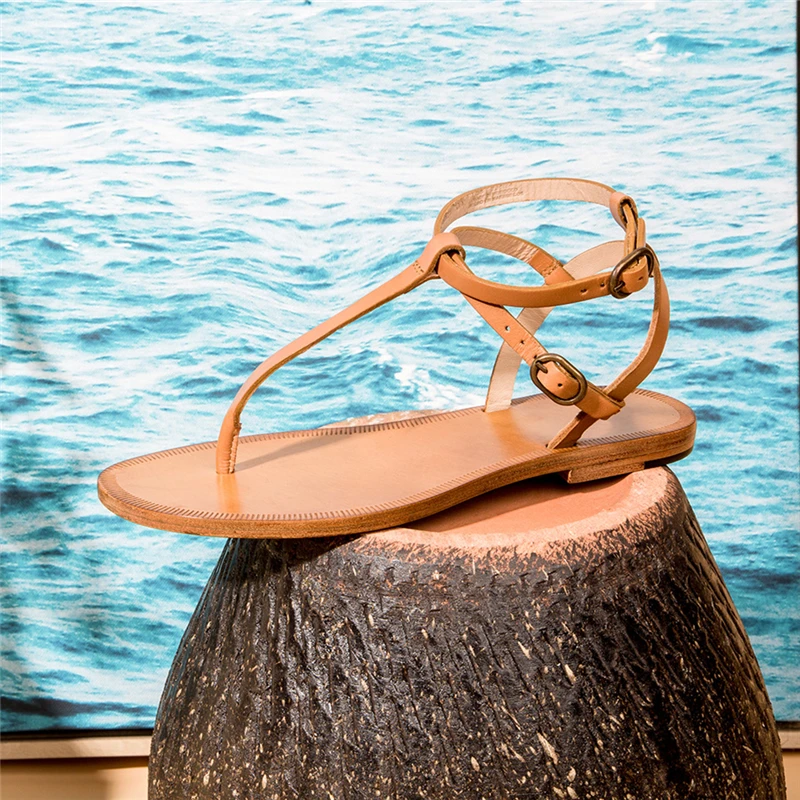 

Flip Flops Sandals Women Summer 2023 Flat Beach Shoes Ankle Straps Ladies Leather Sandalias Mujer Gladiator Footwear Brown Flats