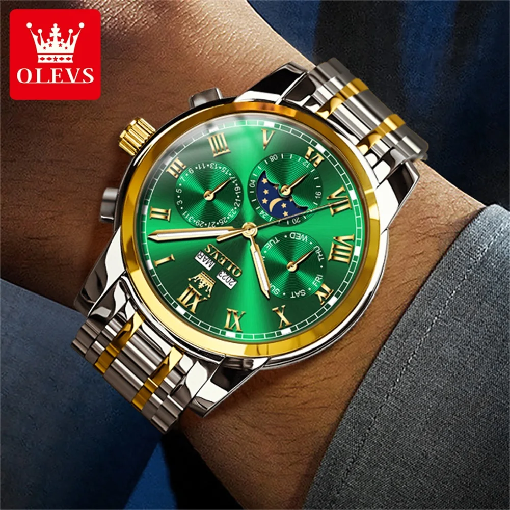 OLEVS New Fashion Multifunctional Mechanical Watch for Men Stainless Steel Waterproof Luminous Moon Phase Calendar Watches Mens