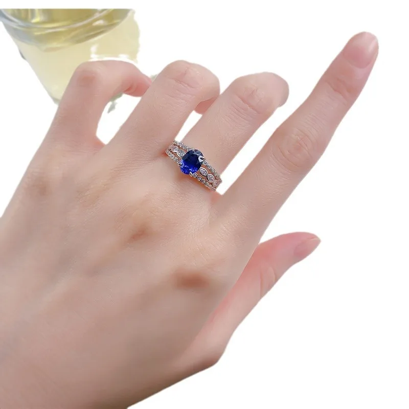 New 925 Silver Simulated Diamond 6 * 8mm Blue Gang Ring Ring Fashion Simple and Versatile