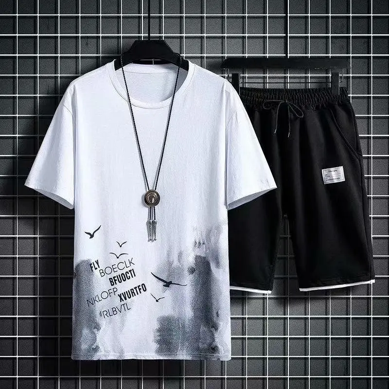 Mens T-shirt + Shorts Set Summer Breathable Casual T shirt Running Set Fashion Harajuku Printed Male Sport Suit 2022 New 8