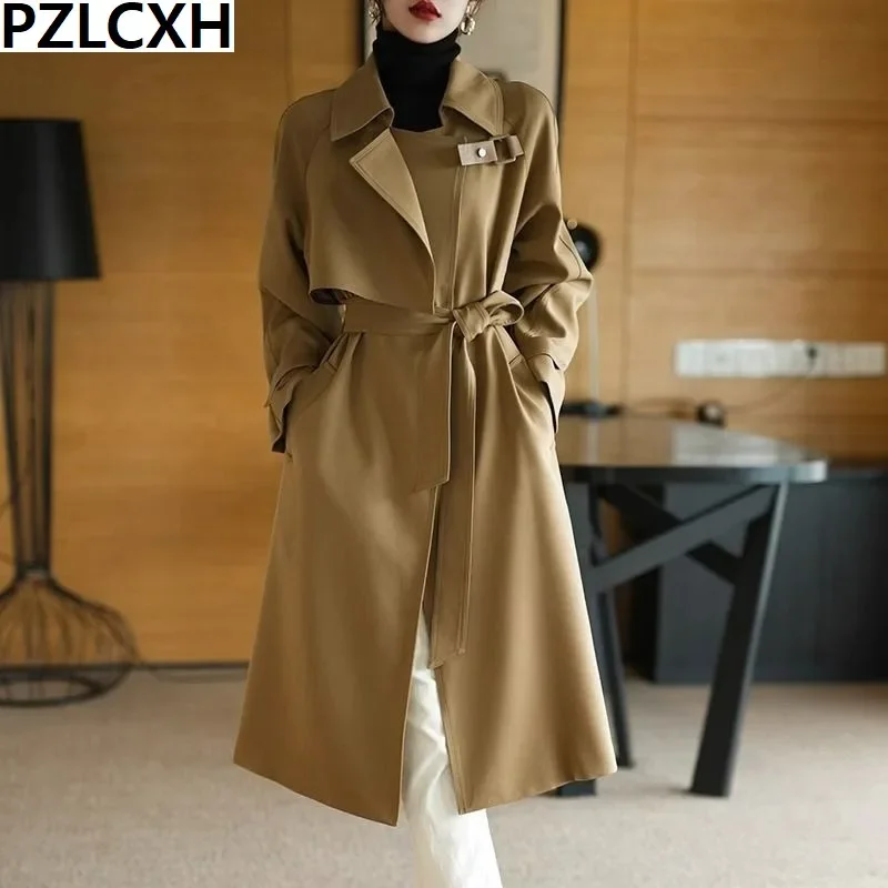 2023 Spring Autumn New Women Fashion Trench Belt Long Loose Coat Korean Large Size Small Fellow Khaki British Style Overcoat
