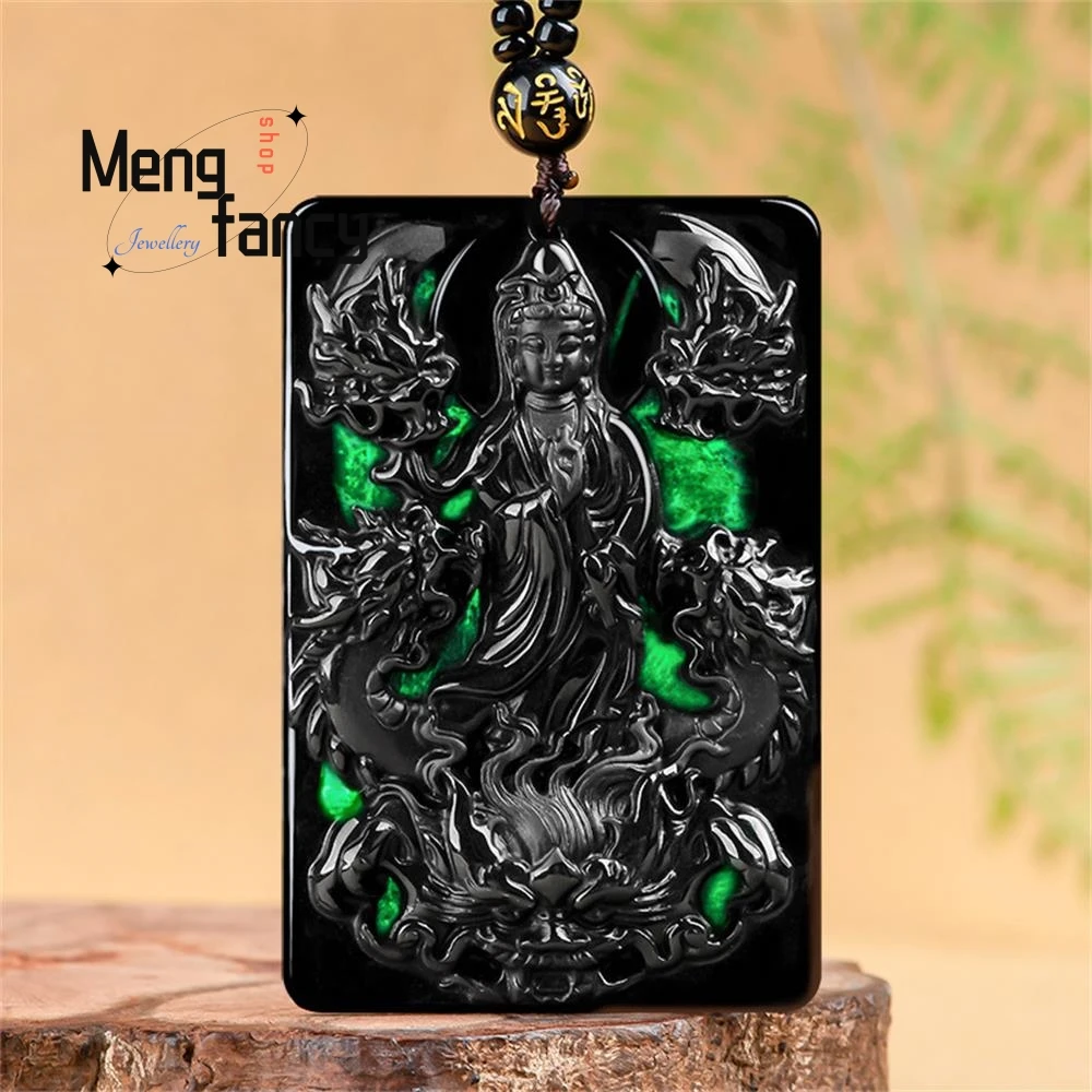 

Natural A-goods Jadeite Ink Cui Royal Dragon Goddess of Mercy Jade Pendant Exquisite Luxury Buddhist Amulet Fashion Fine Jewelry