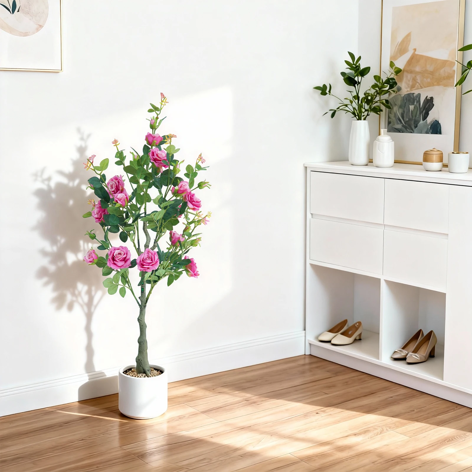 2 Stück 120 cm große künstliche Rosenbäume, Blumenbodenpflanzen mit realistischen Blüten, künstliche Rosensträuße im Topf für Zuhause, Eingangsbereich – Detail 16