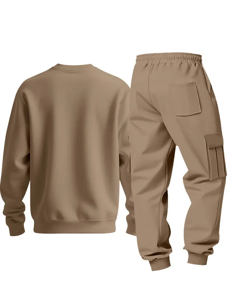 Herren Fleece Rundhals-Sweatshirt-Set Locker Lässiges Langarm-Zweiteiler-Set Herbst Winter Bequemes Sweatshirt Cargo-Hose – Detail 38