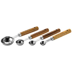 Premium Measuring Spoon Set with Wooden Handles - Stainless Steel Baking & Coffee Tools (4Pcs Silver Small)