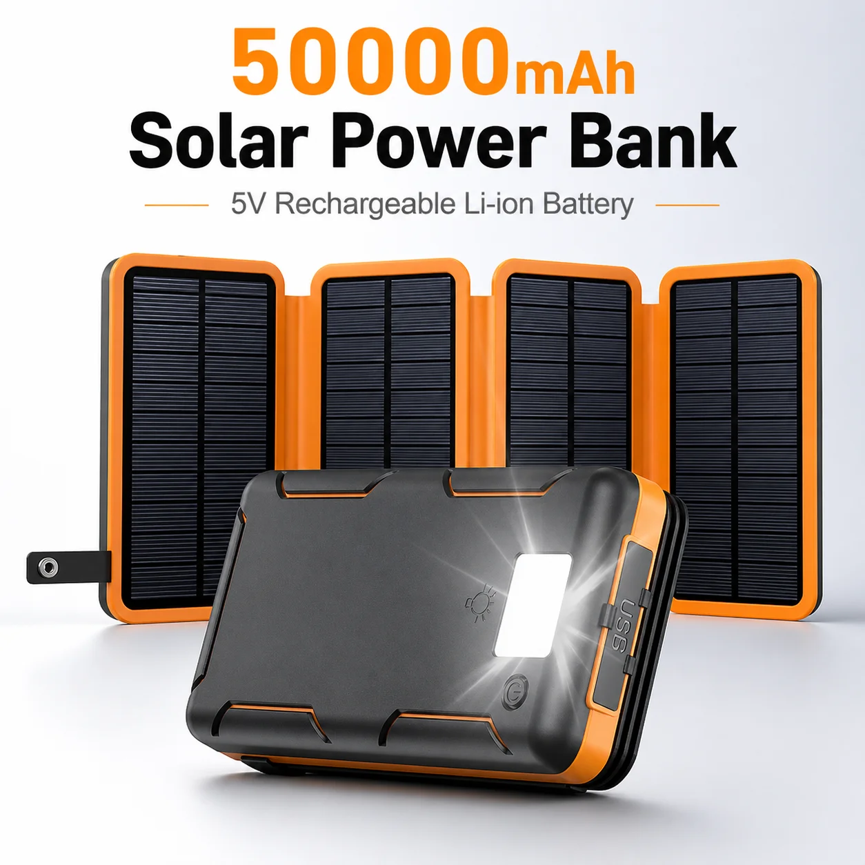 Banco de Energía Solar Mew de 5V y 50000mAh con Paneles Solares Plegables y Linterna LED para Camping, Senderismo, Viajes y Uso en Emergencias