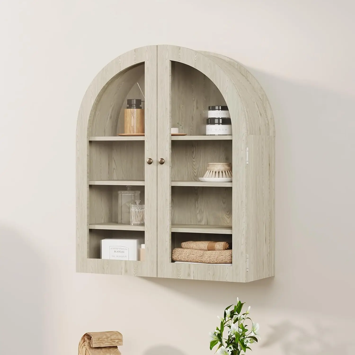 Arched Wall Cabinet with Doors & Adjustable Shelf, Modern Wood Medicine Cabinet, Wall Mounted Storage Cabinet