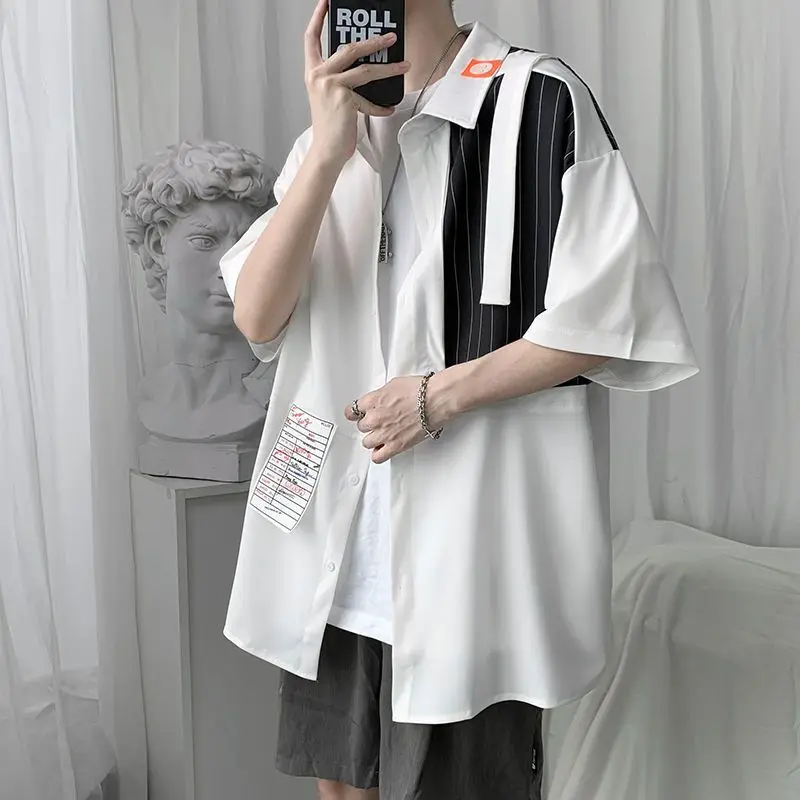 

Elegant Fashion Harajuku Slim Fit Ropa Hombre Loose Casual Sport All Match Shirt Pointed Collar Patchwork Short Sleeve Blusa
