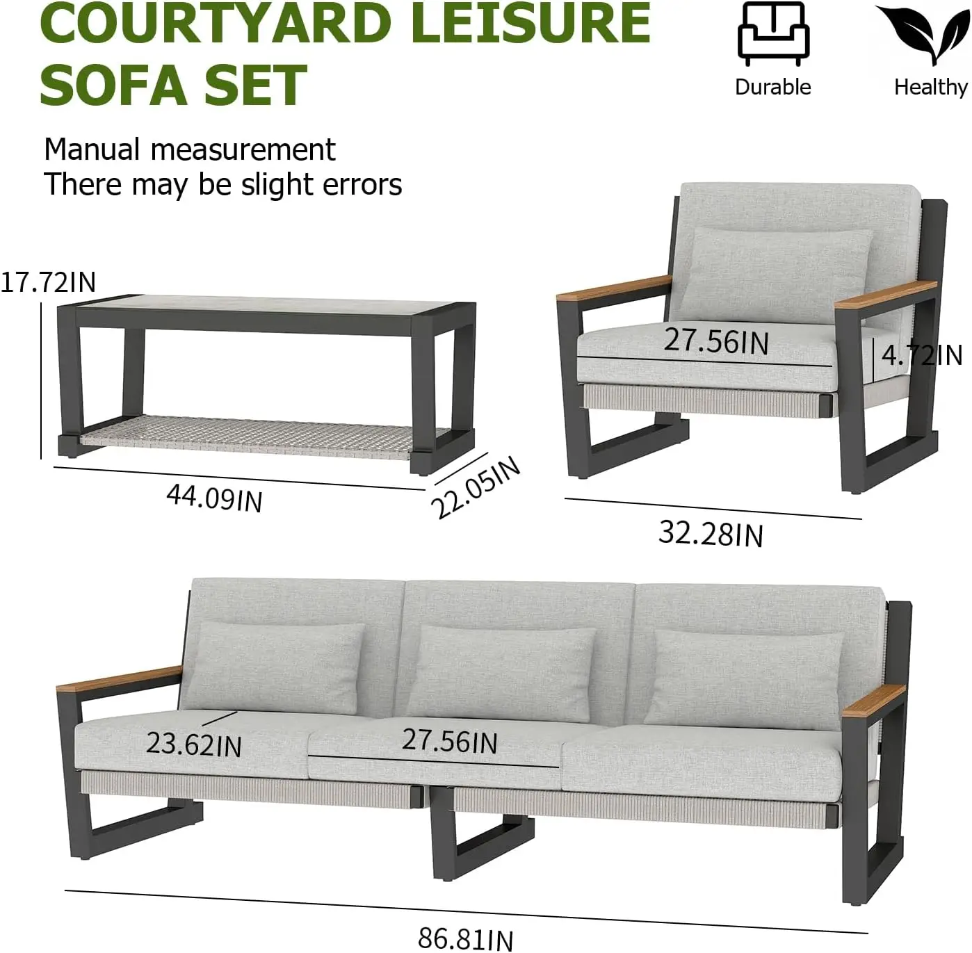 Aluminum Outdoor Patio Furniture Set 5 Seat, Patio Conversation Set with Durable Mesh Rope Weaving, Wide Armrests and Seats
