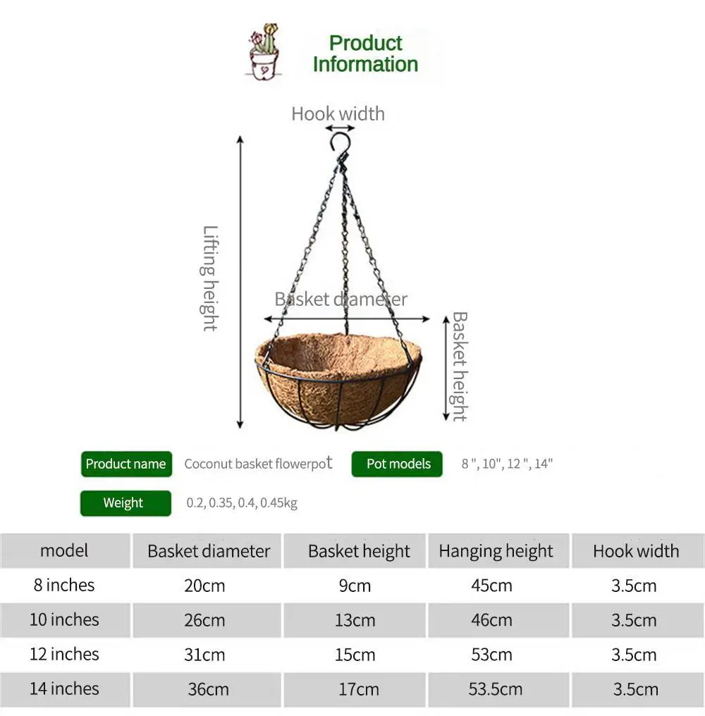 8/10/12/14 Zoll Metall-Hängekorb für Pflanzen, Blumengarten, Pflanzgefäße, runde Draht-Pflanzenhalter, Töpfe für Zuhause, Balkon, Dekoration_voghion.com