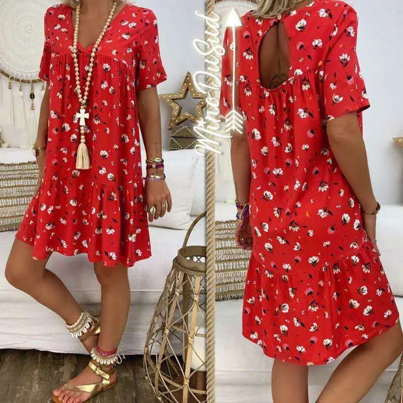 Vestido de Verão Decote em v Senhora a Line Oco para Fora de Volta Feminino Tamanho Grande Imprimir Manga Curta Poliéster Escritório Vestido 4 oco para fora de volta manga curta