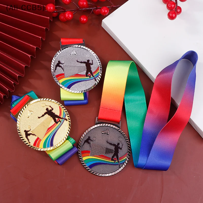 Rainbow Ribbon Neck Rope Badminton Medal Metal Sports Badminton Competition Prizes Craft Souvenir