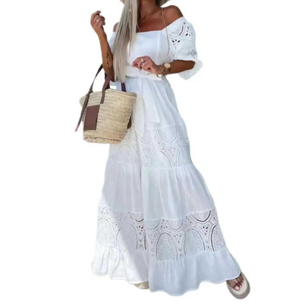

Charming 3D Cutting Puff Half Sleeves Strapless Off Shoulder Beach Party Dress Daily Clothing Beach Dress Maxi Dress