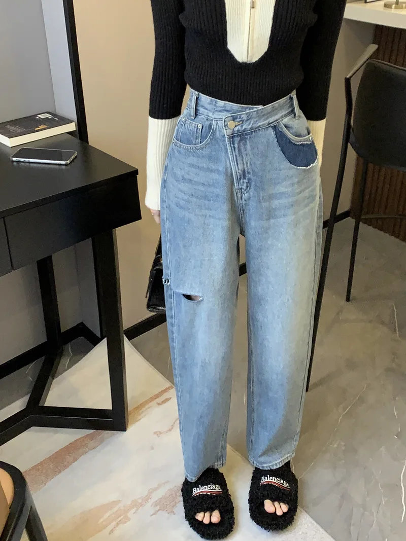 

Cl2022 Spring New Korean Irregular Waist Straight Tube Loose Thin Contrast Color High Waist Ripped Hole Wide Leg Jeans pants