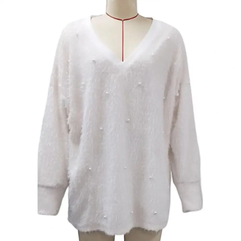

Elastic Sweater Cozy Stylish Women's Fall/winter Sweater Plush Beaded Loose V-neck Knit Pullover for A Soft Elegant Look Plush
