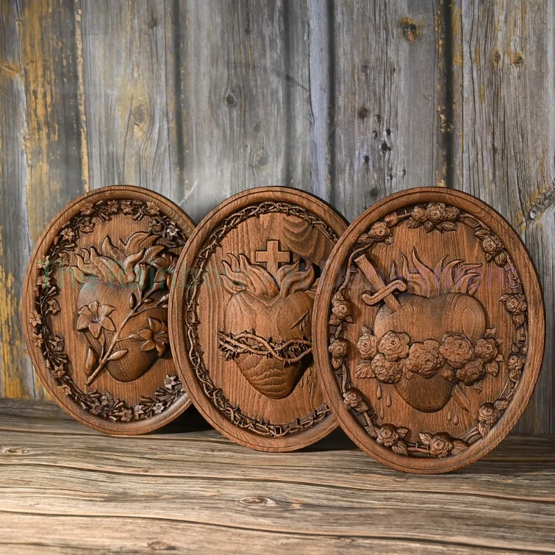 Holy Family Three Hearts Wall Decoration, Wood Carving, Sacred Heart of Jesus, Sacred Heart of Mary, Joseph