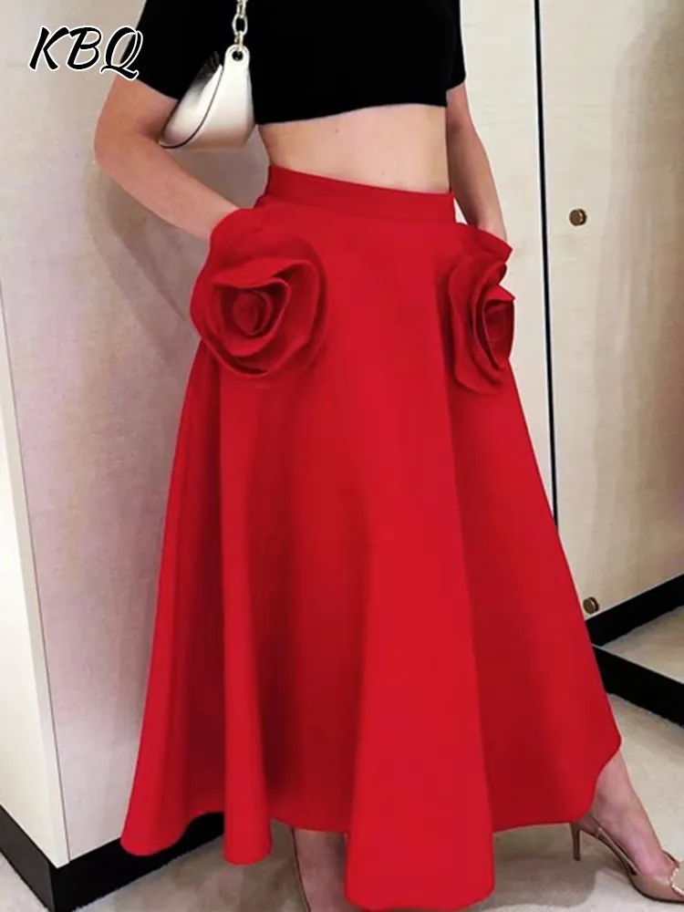 

KBQ Patchwork Appliques A Line Skirt For Women High Waist Spliced Pocket Solid Ruched Elegant Skirts Female Fashion Clothes New