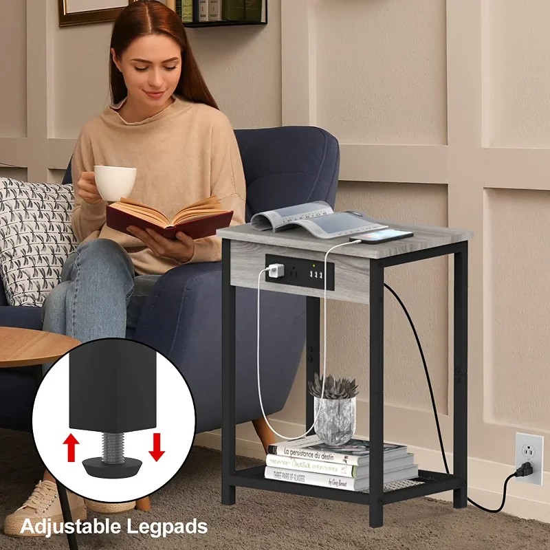 

Nightstand End Table with Charging Station Gray, Set of 2 side table wood table