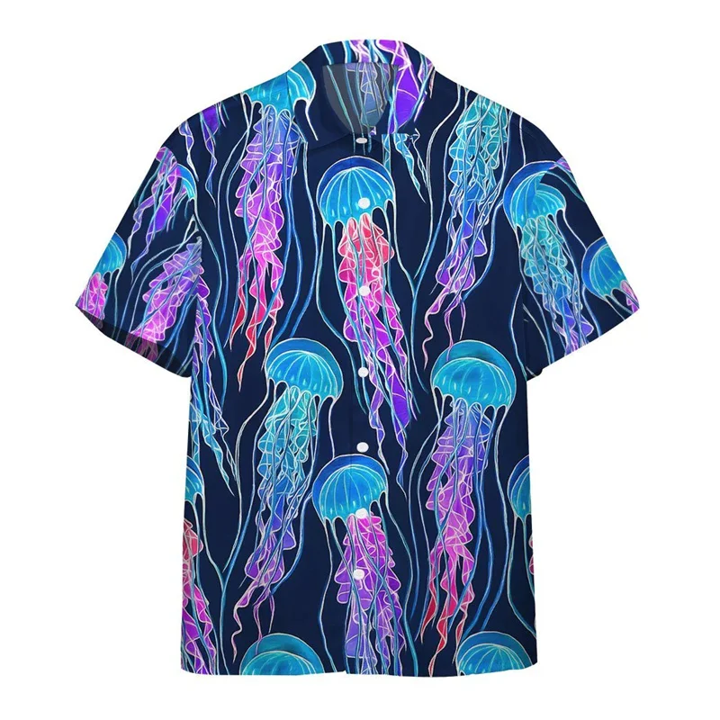 thumbnail image 1 of Camisas de moda de verano con medusas para hombre, camisas hawaianas con estampado 3D, cómodas, informales, con botones, camisas de playa de manga corta de gran tamaño, 1 of 4