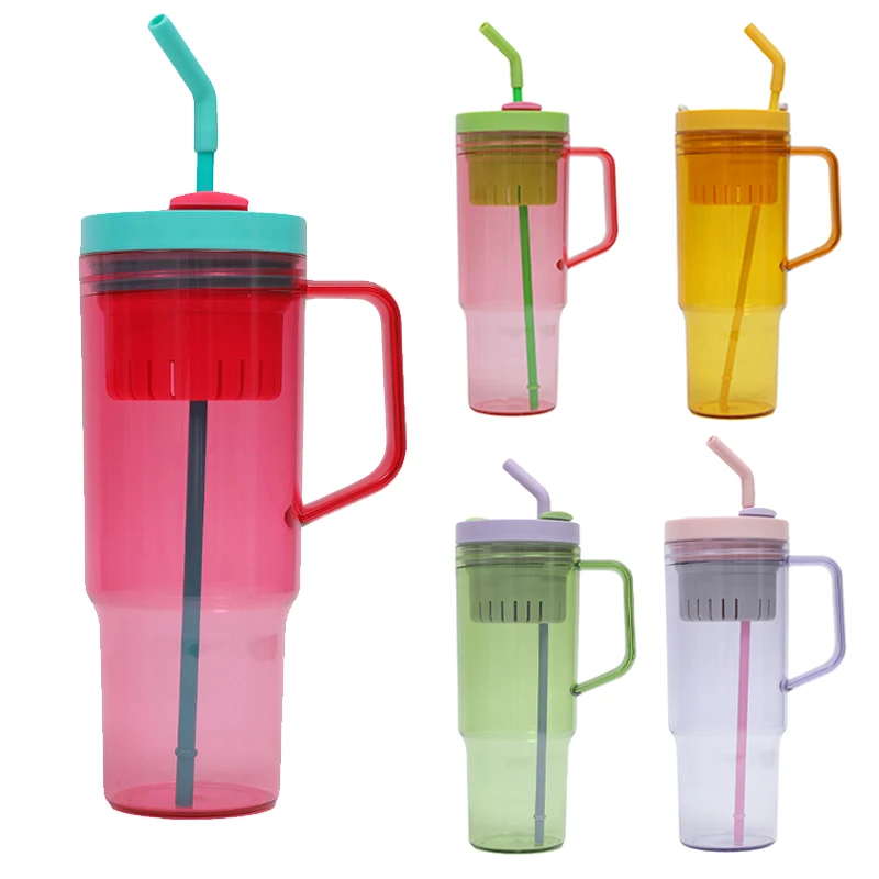 

1200ml Large Capacity 40oz Handle Car Cup, Insulated Cold Beer Cup, Outdoor Travel Portable Cup with Straw, Plastic Handle Cup