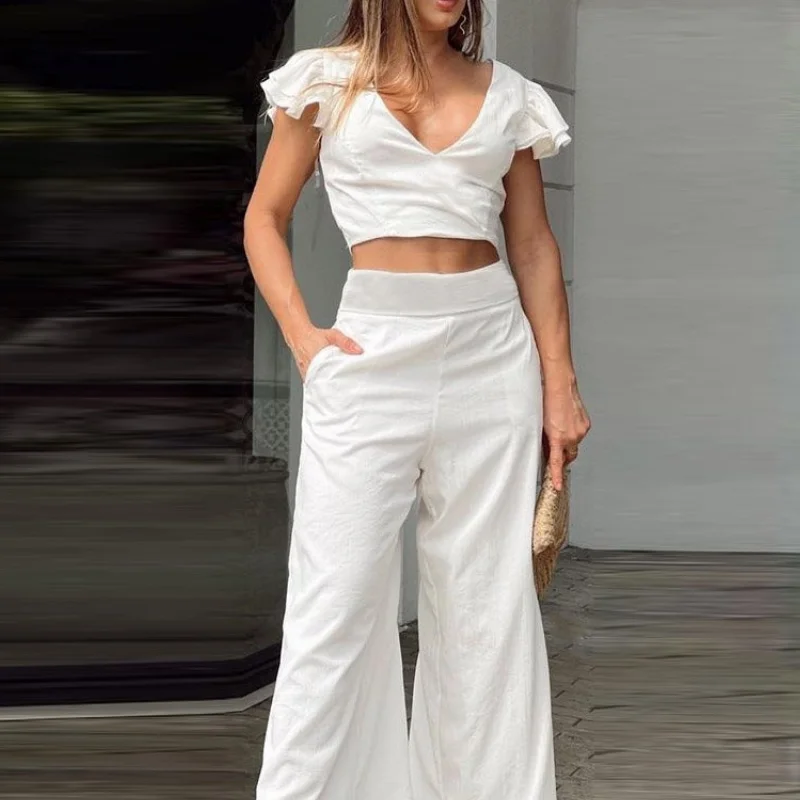 Ellafads Women's Two Piece Set Butterfly Sleeve Solid Color Two-Piece Set Sexy V-Neck Top Wide Leg Pant