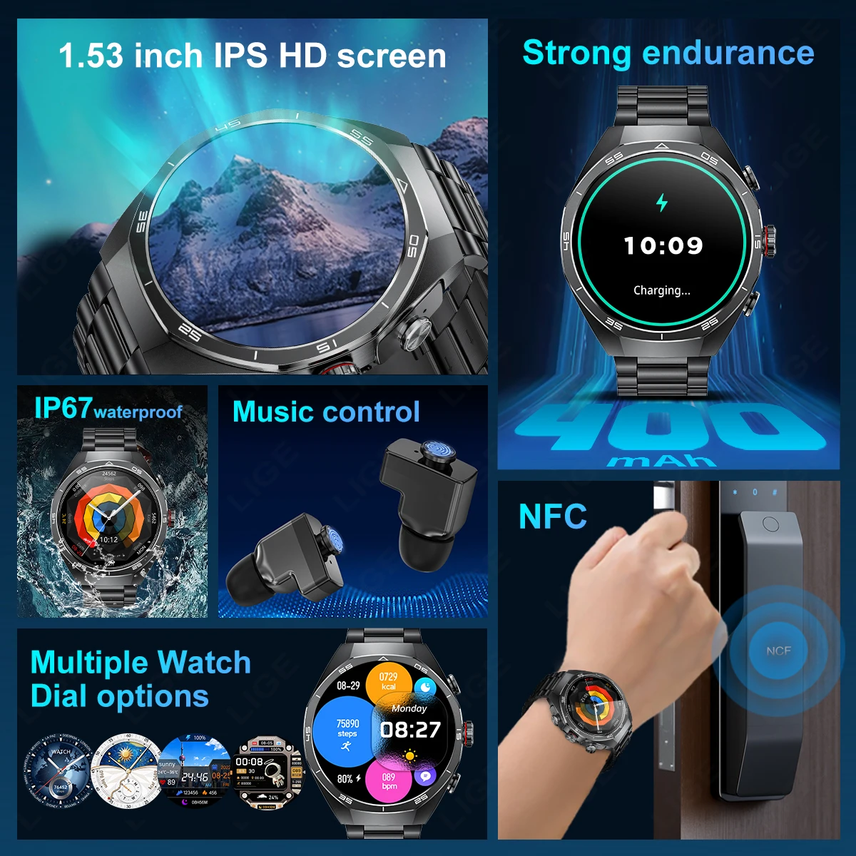 LIGE 2025 New Smart Watch With Earbuds TWS 2-In-1 Bluetooth Earphones NFC Answer Call Music Watches Men Women Sports Smartwatch