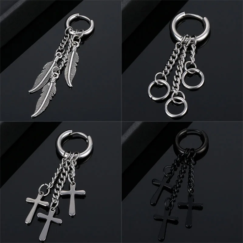 심플한 디자인 십자가 깃털 술 귀걸이, 스테인레스 스틸 패션, 기하학적 펜던트 스터드 이어 쥬얼리, 여성 남성 파티 선물 