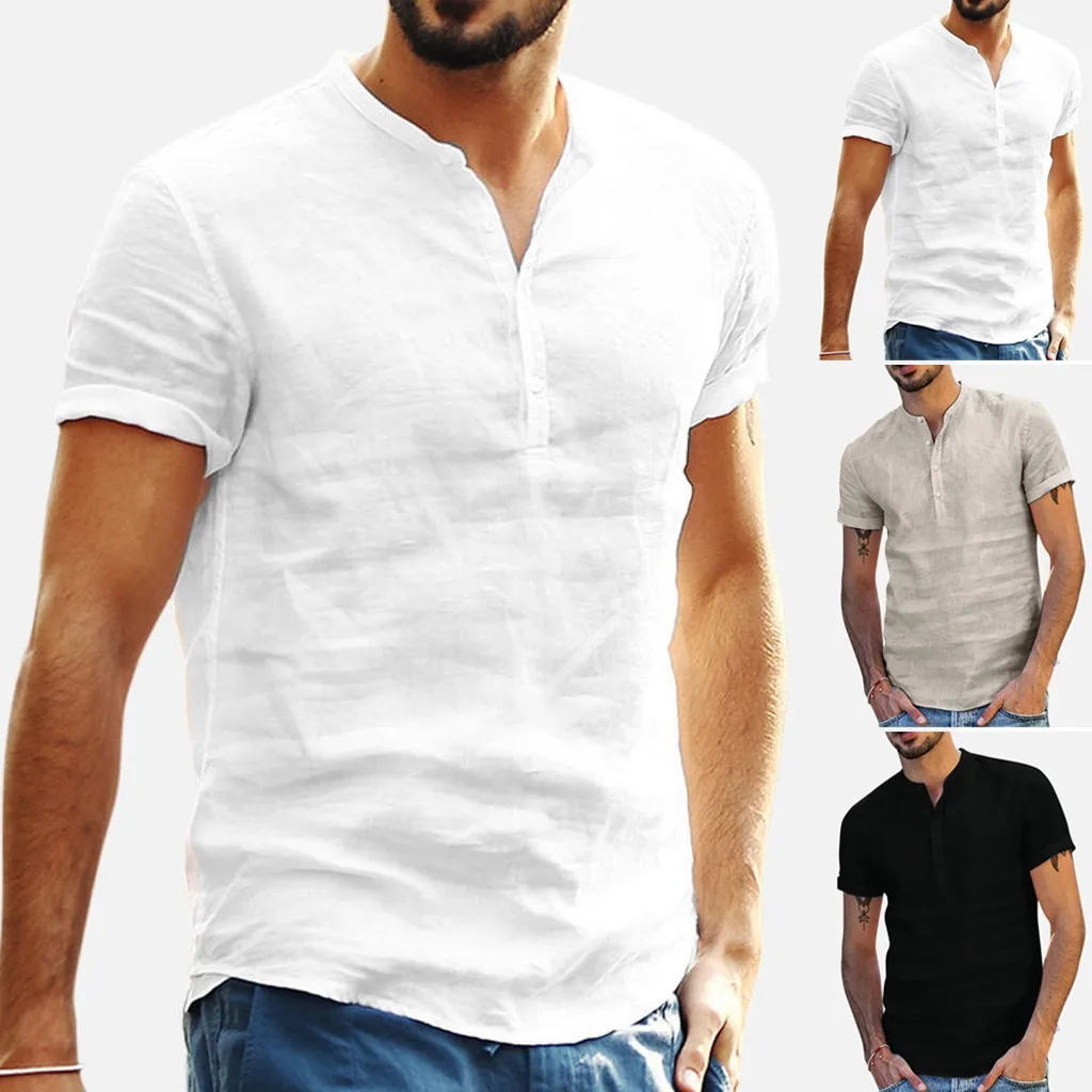 

2023 New Men's Cotton Linen Shirts Fashion Male Standing Collar Short Sleeved Shirt Men's Designer Clothes Daily Tops